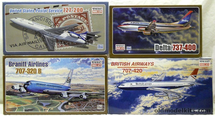 Minicraft 1/144 14555 Boeing 727 -200 US Postal Service / 14506 737 -400 Delta / 14502 707 -320B Braniff Airlines / 14485 707 -420 British Airways plastic model kit
